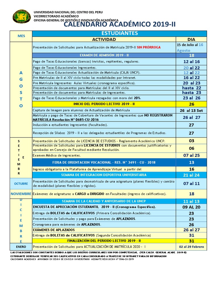 Calendario Acad Estudiante Uncp PDF Estudiantes