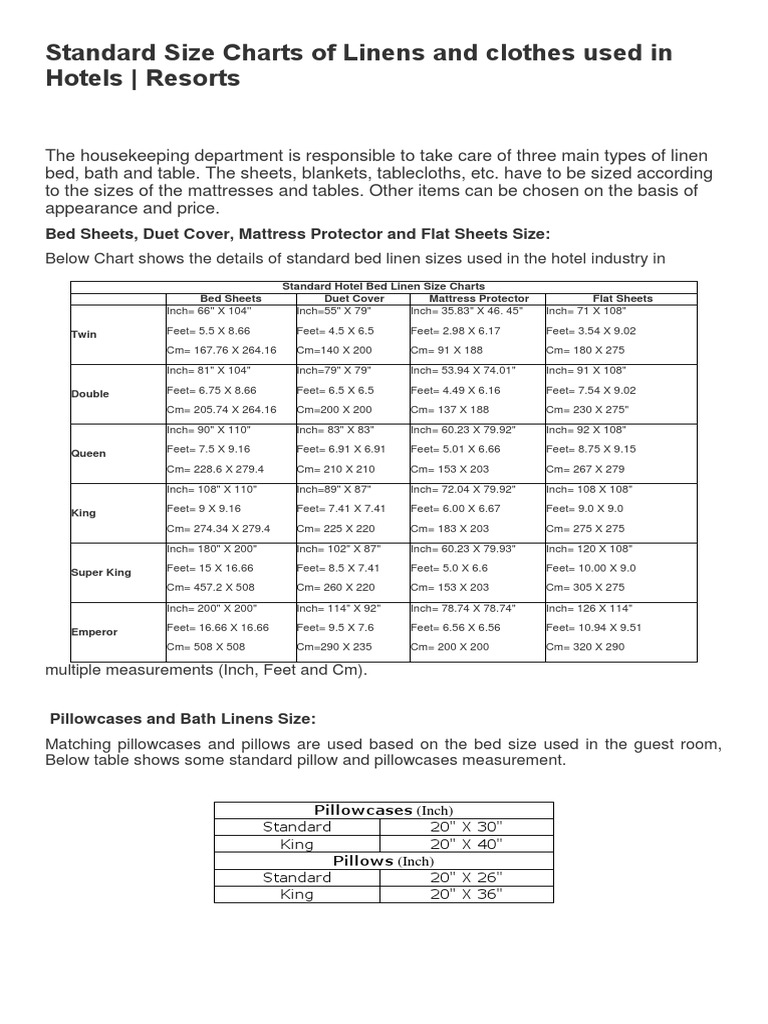 Standard Size Charts of Linens and Clothes Used in Hotels PDF Bed