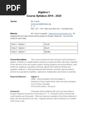 Algebra 1 Syllabus 2019 2020 Google Docs Algebra