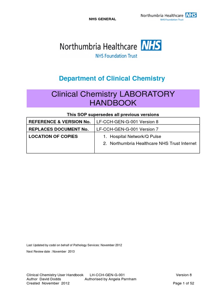 Clinical Chemistry LABORATORY Handbook PDF Clinical Medicine