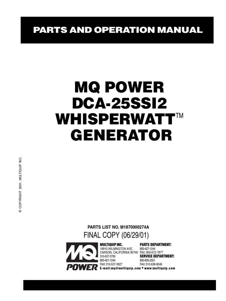 MQ Power DCA25SSI2 Whisperwatt Generator Parts and Operation Manual