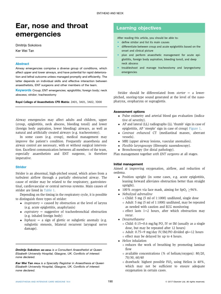 Ear, Nose and Throat Emergencies Learning Objectives PDF