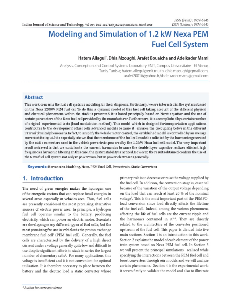 Modeling and Simulation of 1.2 KW Nexa PEM Fuel Cell System | PDF ...