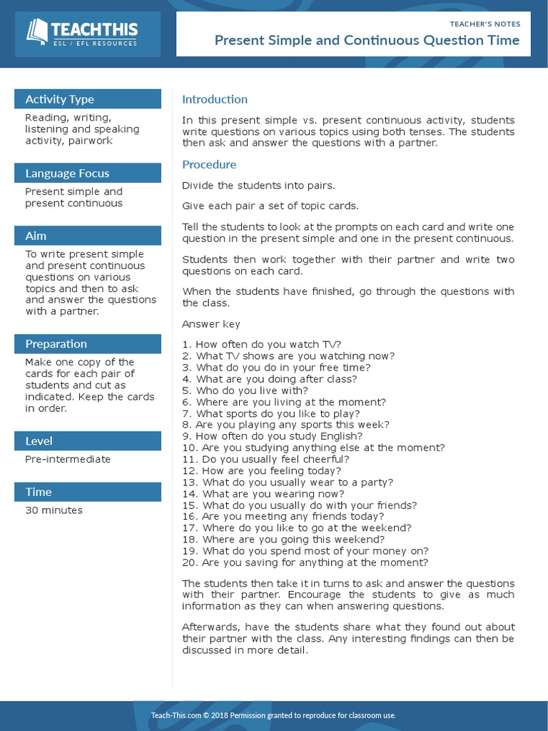 Present Simple and Continuous Question Time | PDF | English As A Second ...