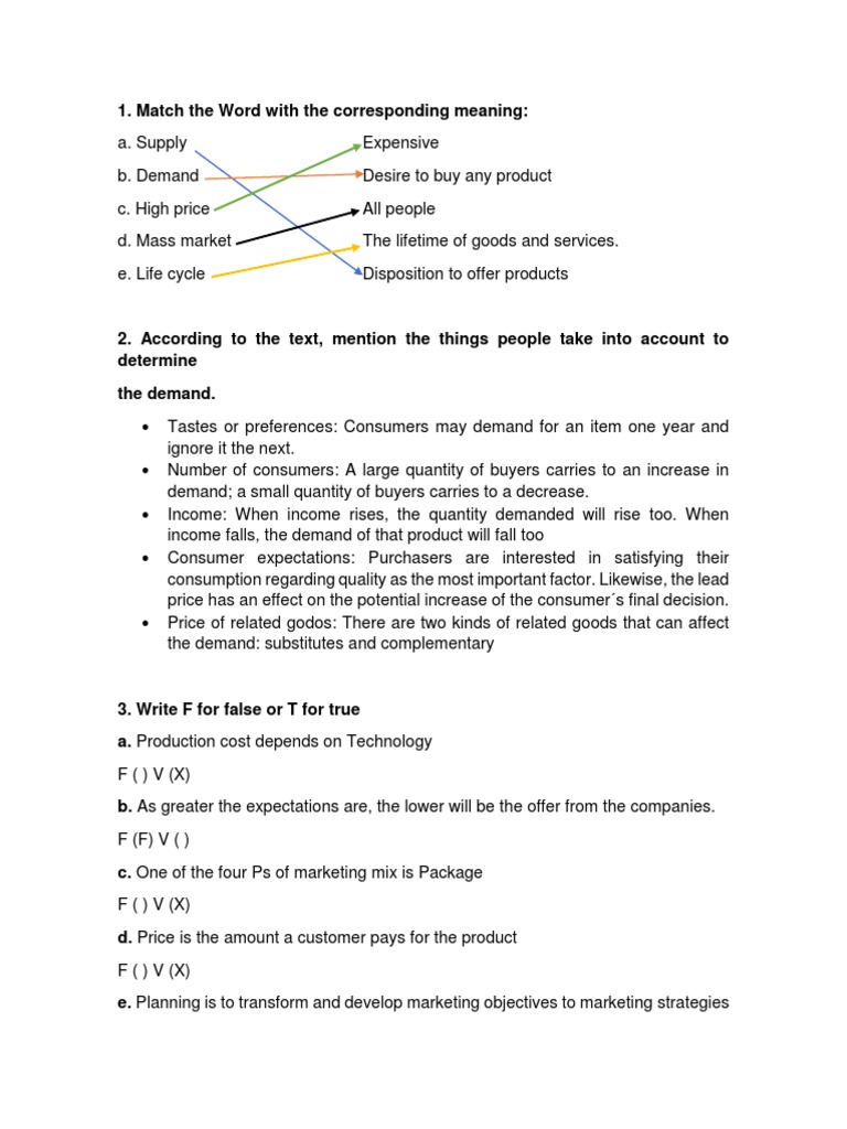 Match The Word With The Corresponding Meaning PDF Demand Goods