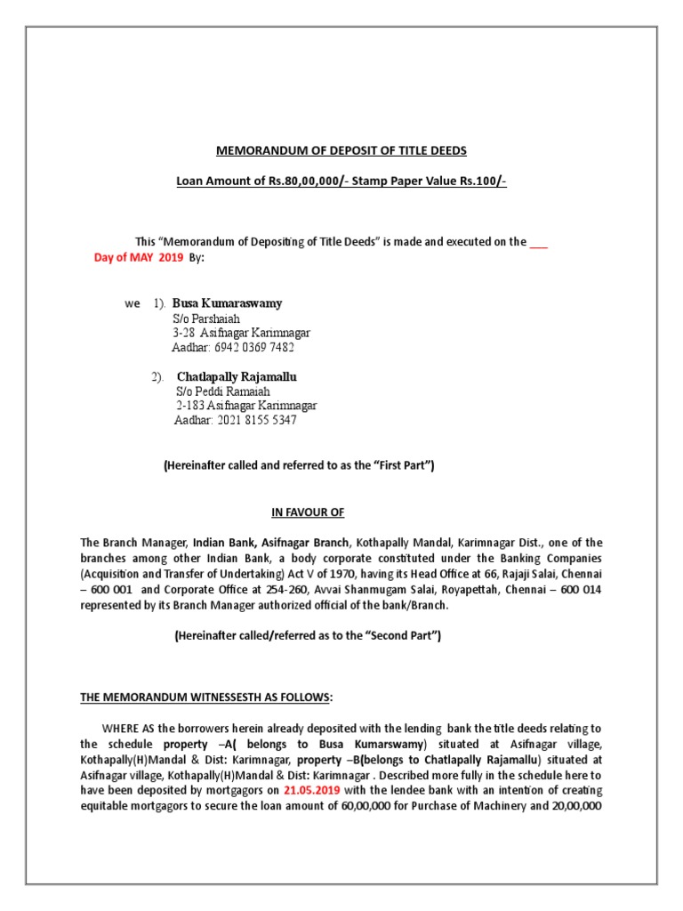 Memorandum of Deposit of Title Deeds Loan Amount of Rs.80,00,000/Stamp