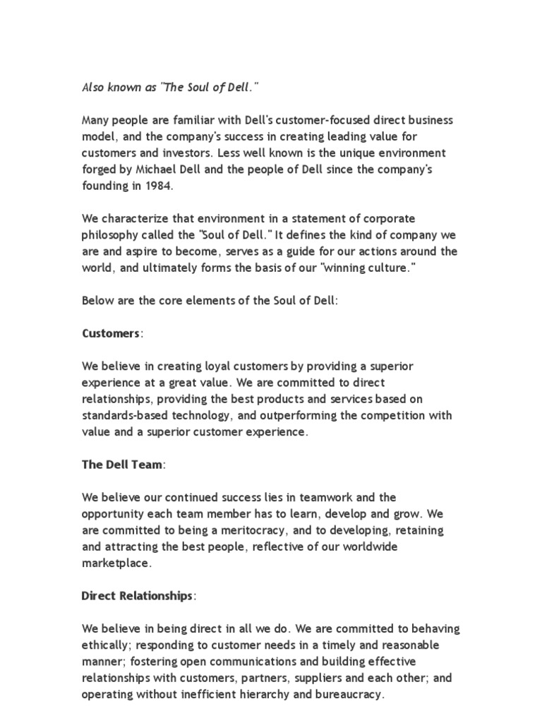 Dell Vision and Mission Statement Dell Customer Experience