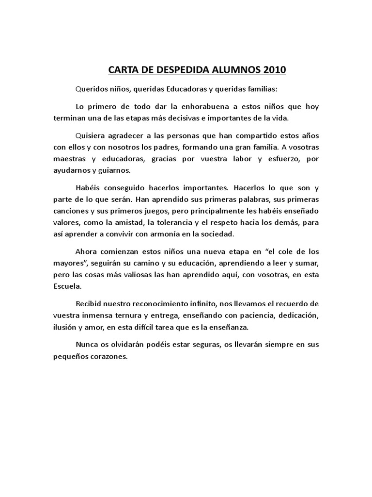 Carta De Despedida Para Una Docente Reixawo