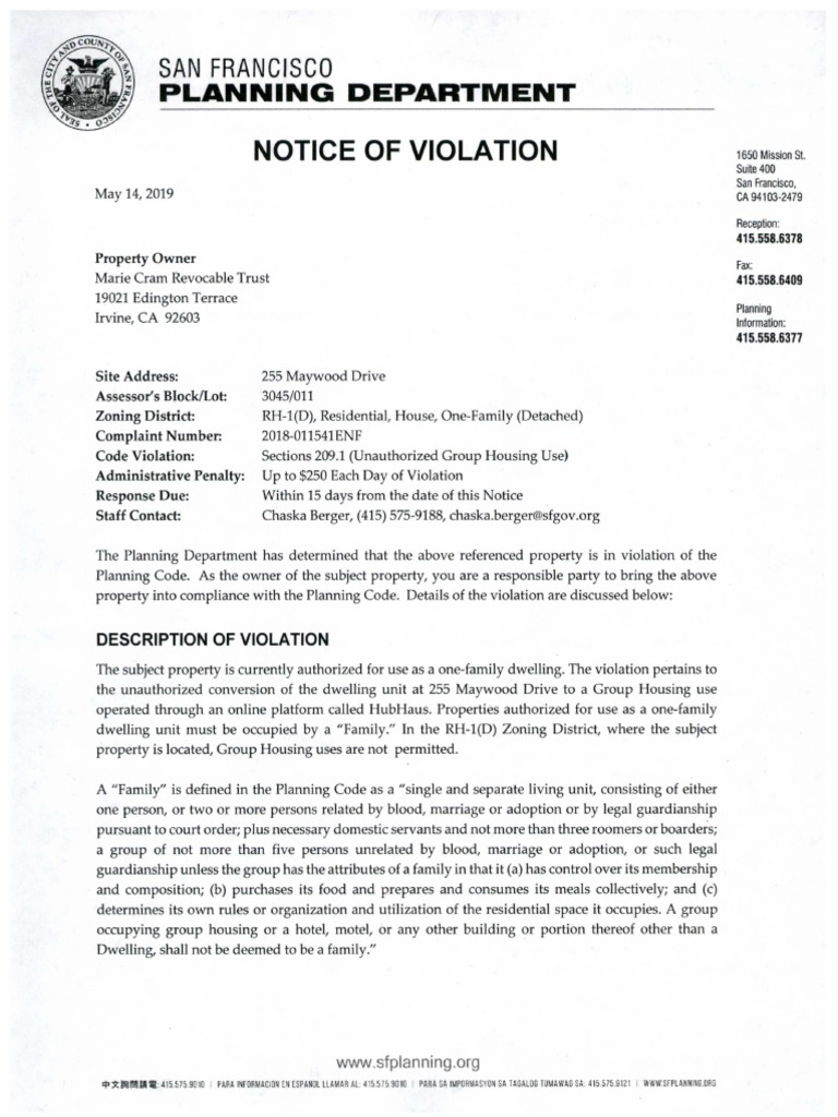 2018011541ENF 255 Maywood Dr NOV 05.14.19 (1) Zoning Complaint