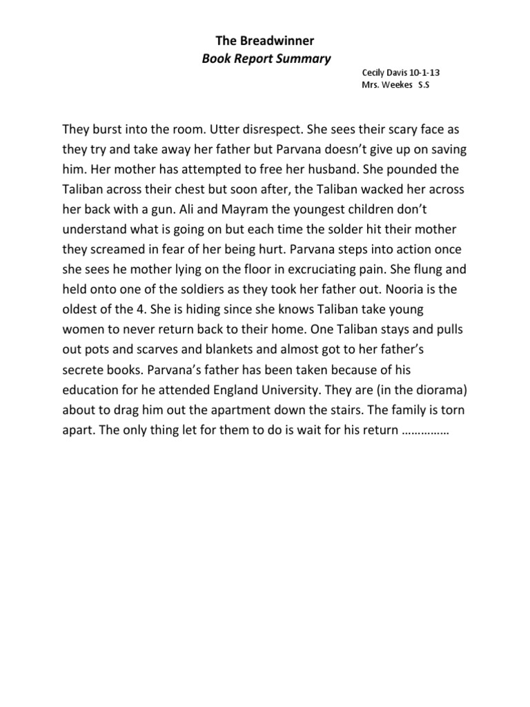 Book Report Summary The Breadwinner PDF