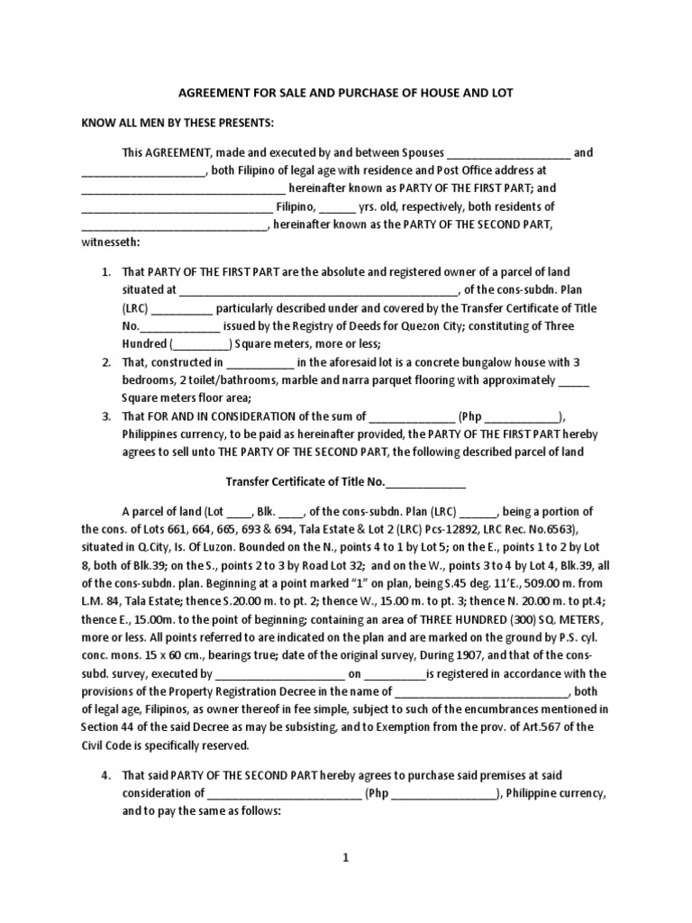 Agreement For Sale and Purchase of House and Lotv2 PDF Property Law
