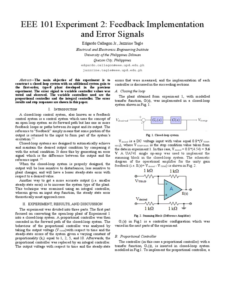 EEE 101 Experiment 2: Feedback Implementation and Error Signals | PDF ...