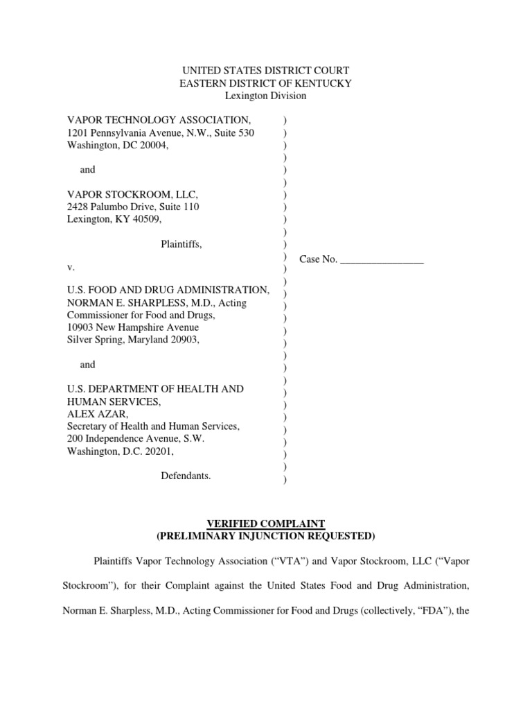 VTA v. FDA Complaint Final 81419 PDF Electronic Cigarette Food
