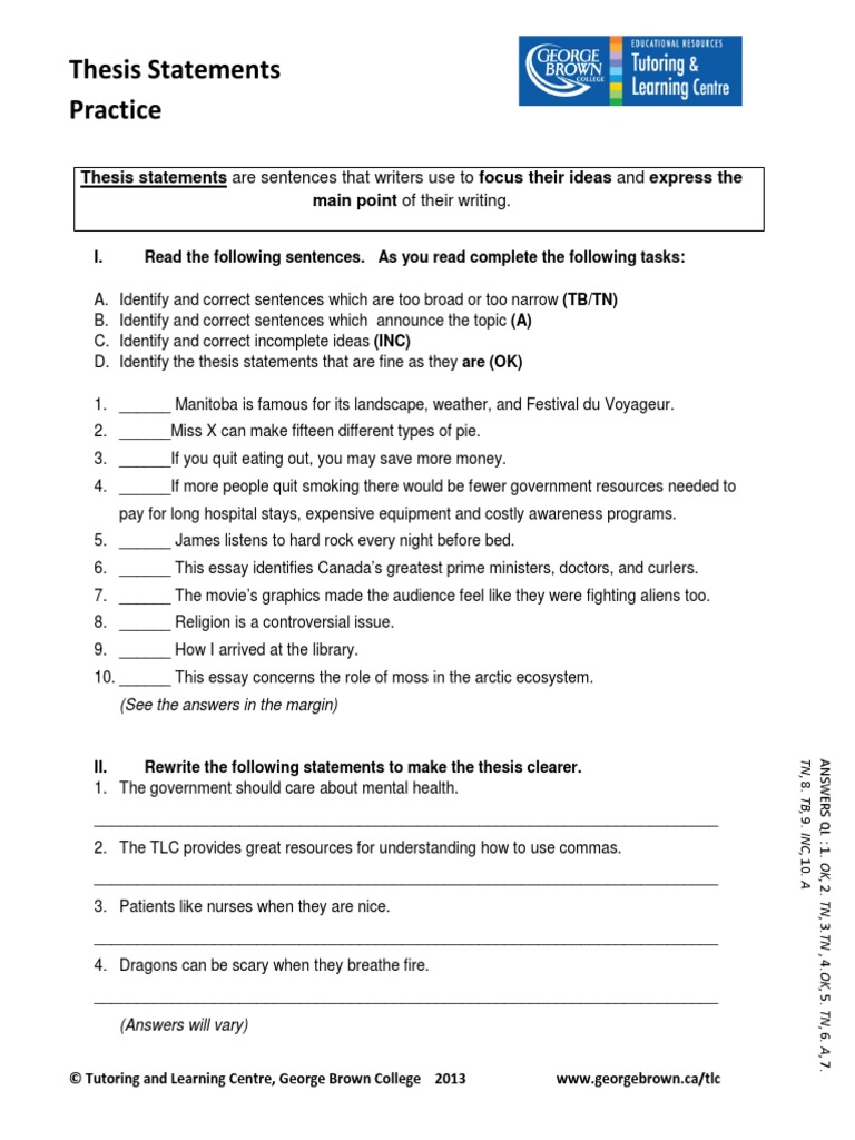 Thesis Statements-Practice PDF  PDF  Essays  Employment Intended For Thesis Statement Practice Worksheet