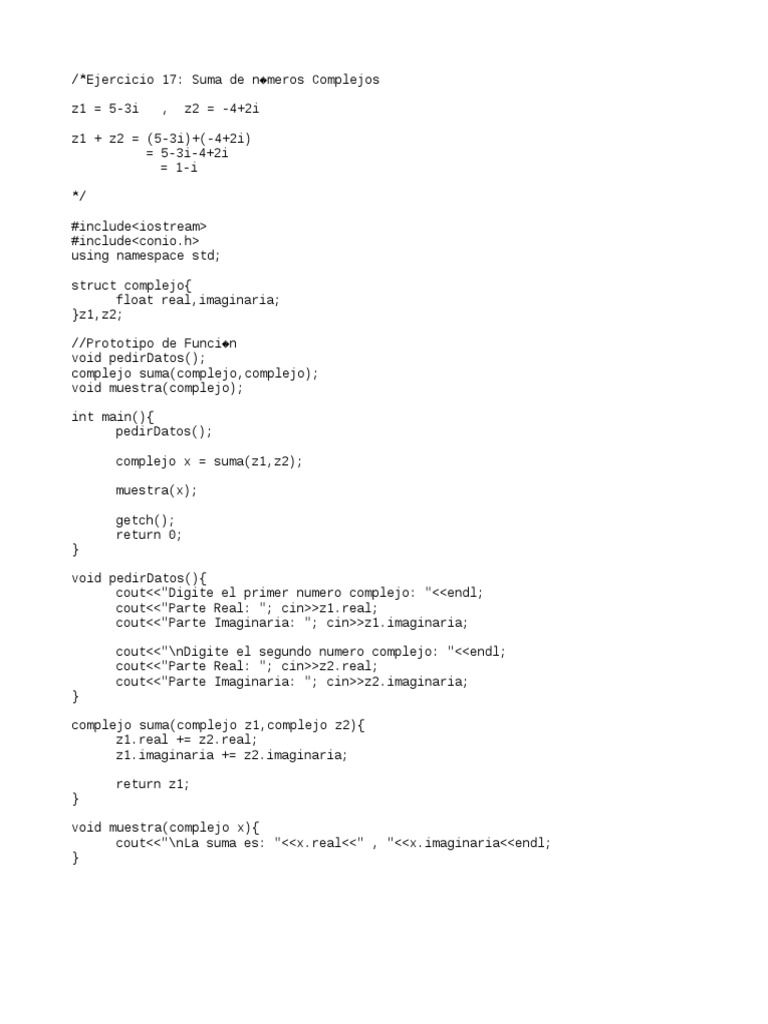 Suma 2 Numeros Complejos en C++ | PDF | C ++ | Programación orientada a ...
