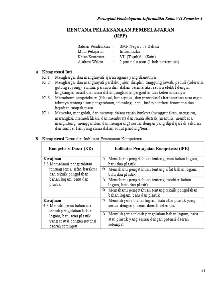 RPP Informatika Kelas VII SMT 1 | PDF