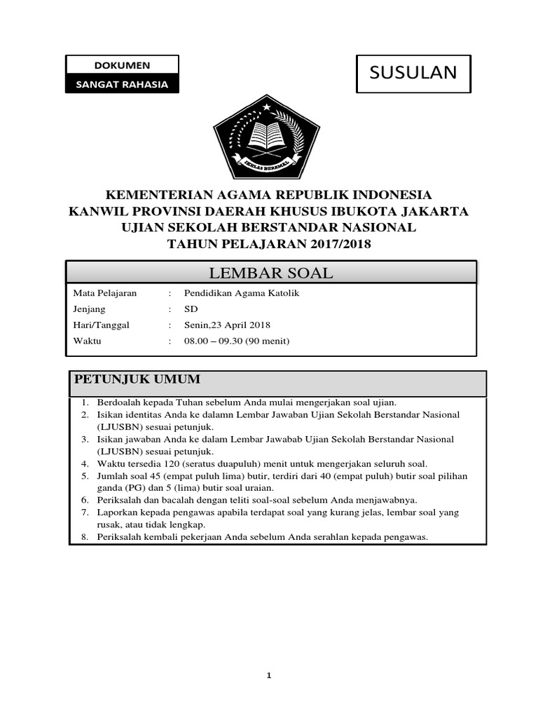 Soal Kunci Jawaban Usbn Sd 2018 Ktsp Susulan Docx
