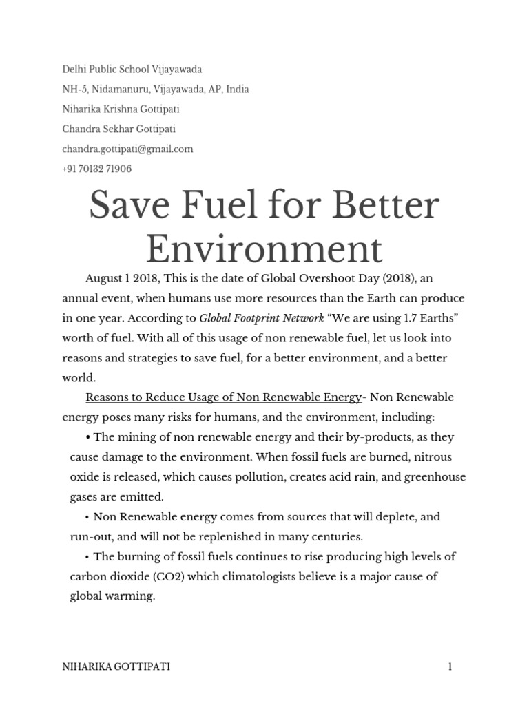 long essay on save fuel for better environment