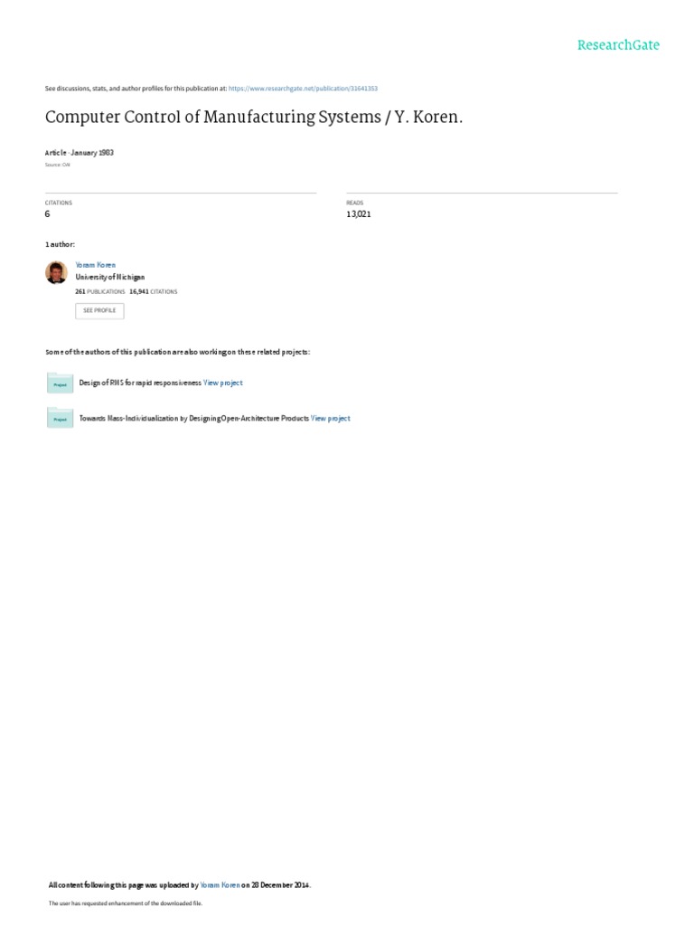 Computer Control of Manufacturing Systems Y Koren PDF