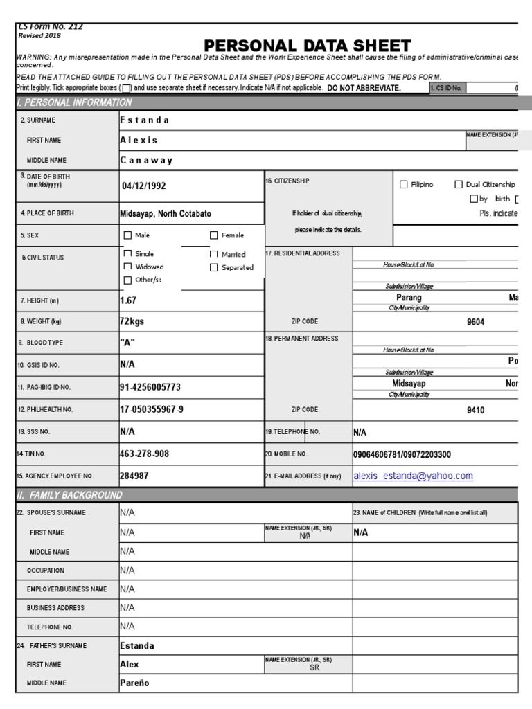 Personal Data Sheet Cs Form No. 212 Revised 2018 PDF Passport