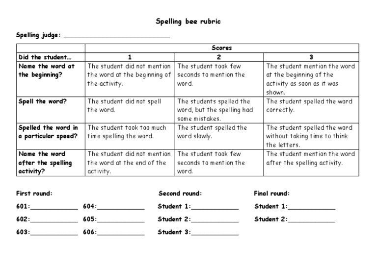 Spelling Bee Evaluation Rubric | PDF