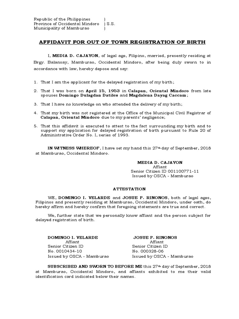 Out of Town Birth Registration Affidavit | PDF