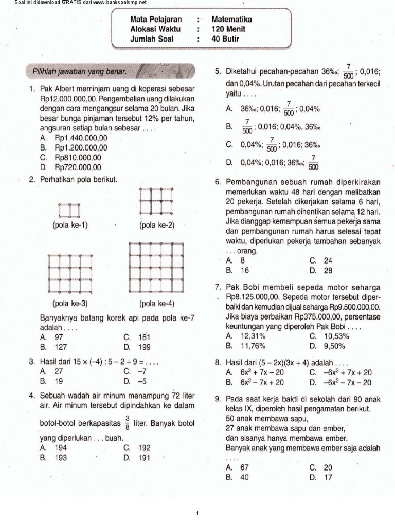 Try Out Detik Detik Un Smp Mts Matematika Paket 06 Pdf