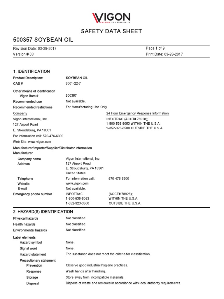 Soybean Oil Sds PDF Firefighting Dangerous Goods