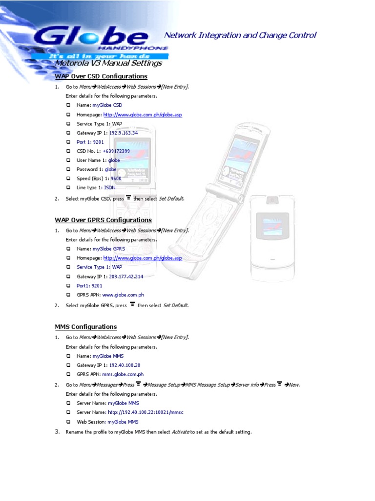 Motorola V3 Globe MMS Settings Guide | PDF | General Packet Radio ...