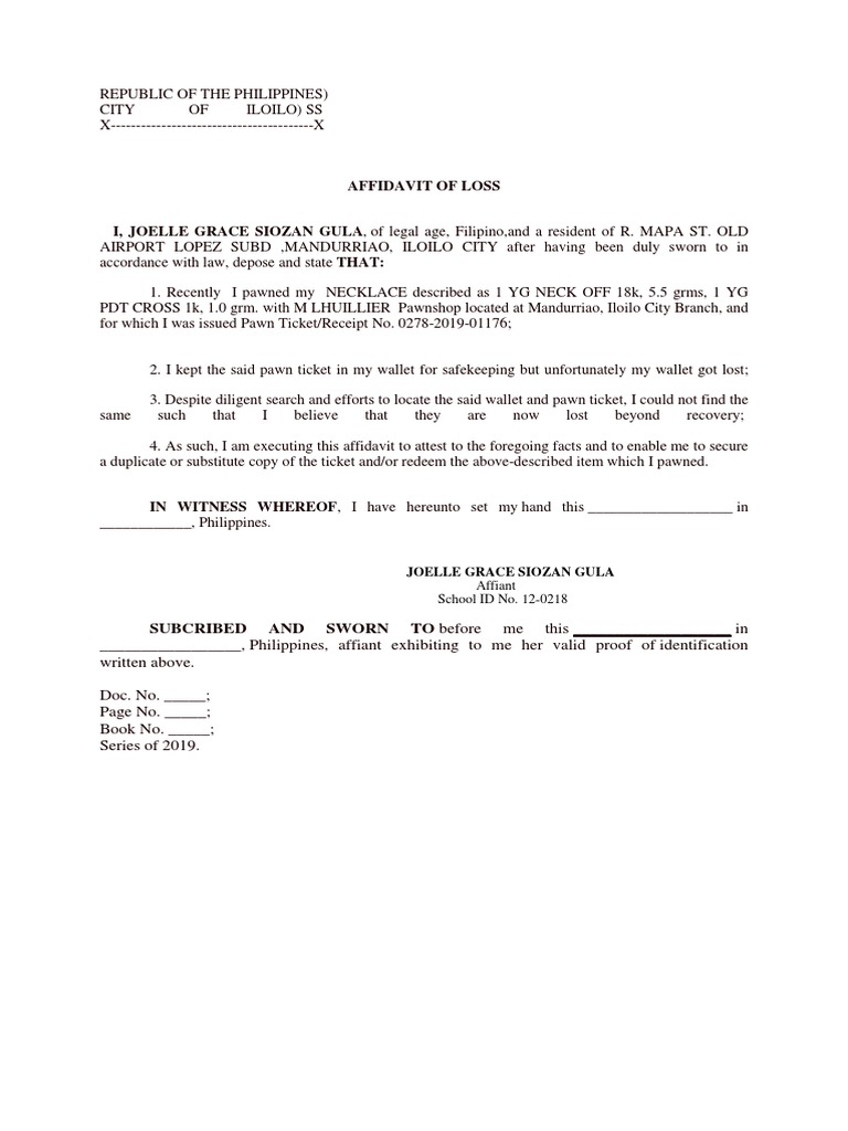 Affidavit of Loss Pawn Ticket | PDF