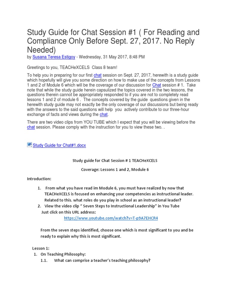 TEACHeXCELS Chat Session #1 Study Guide | PDF | Learning Styles | Teachers