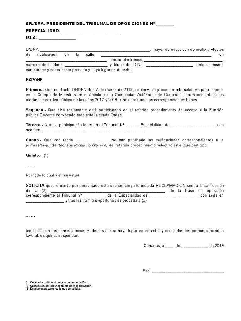 Modelo Reclamacion Calificaciones Oposiciones 2019 1578