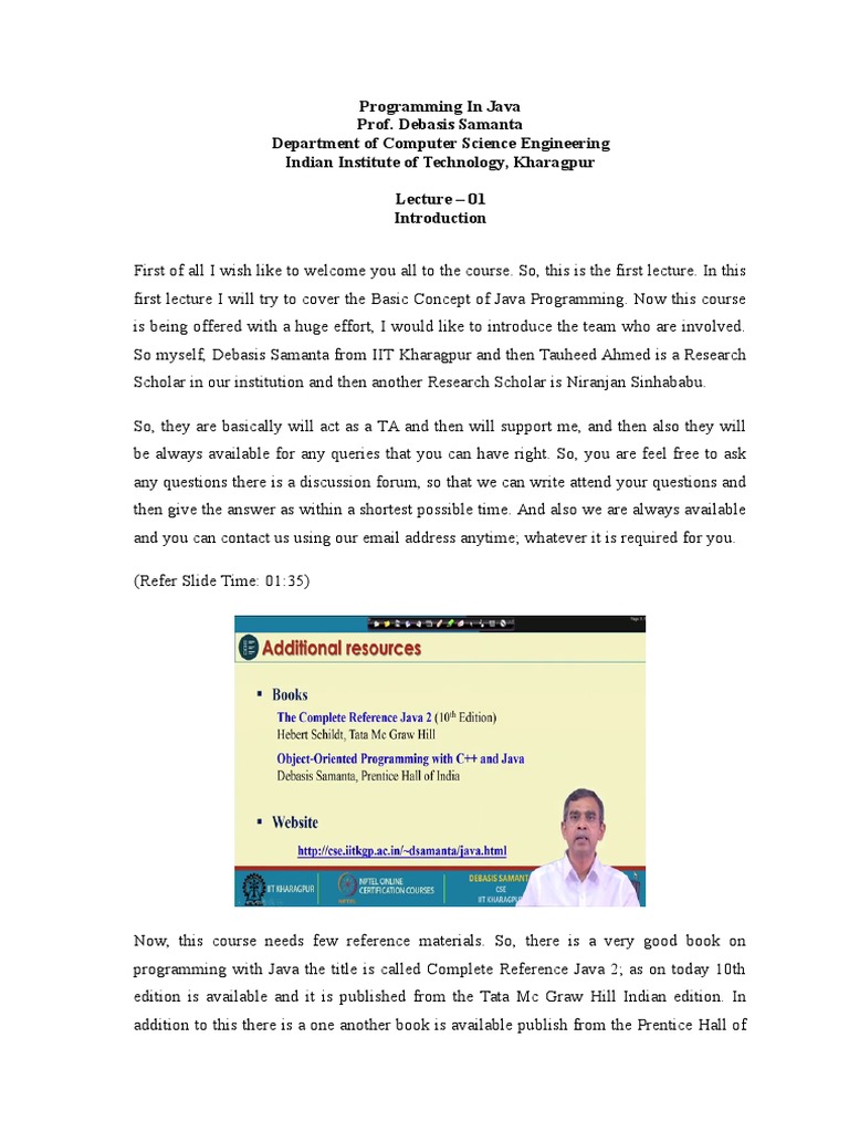 Programming in Java Prof. Debasis Samanta Department of Computer ...