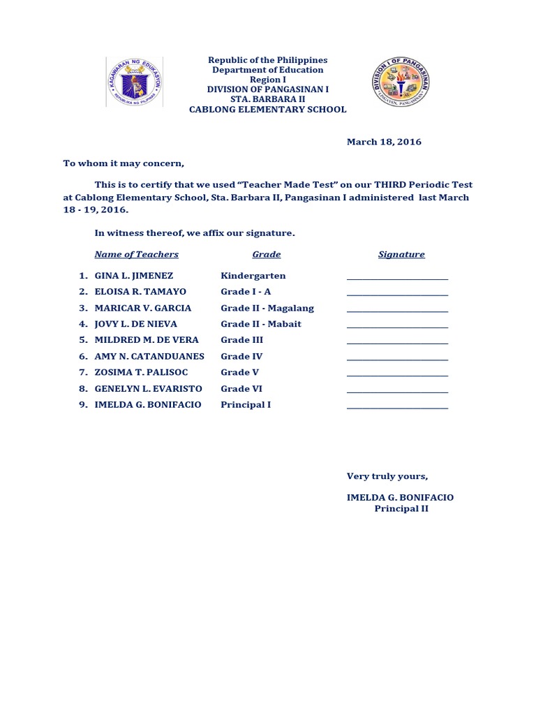 Cablong Elementary School Test Certification | PDF