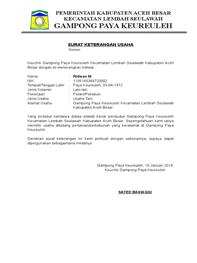 Surat Keterangan Usaha Paya Keureuleh