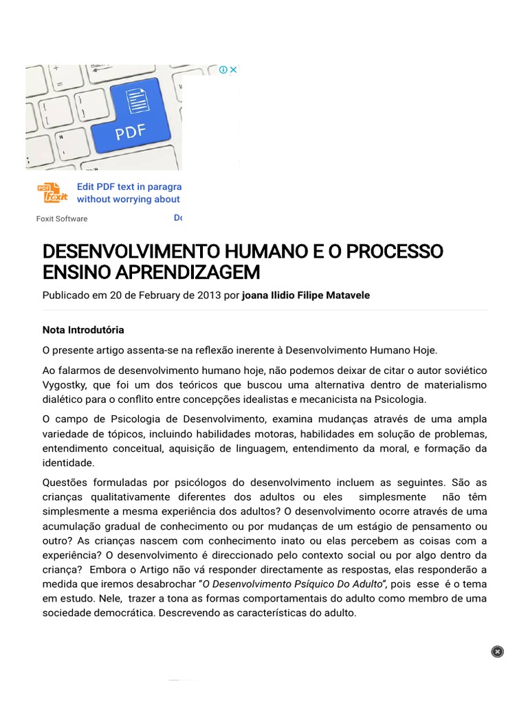 Desenvolvimento Humano e o Processo Ensino Aprendizagem | PDF | Humano ...