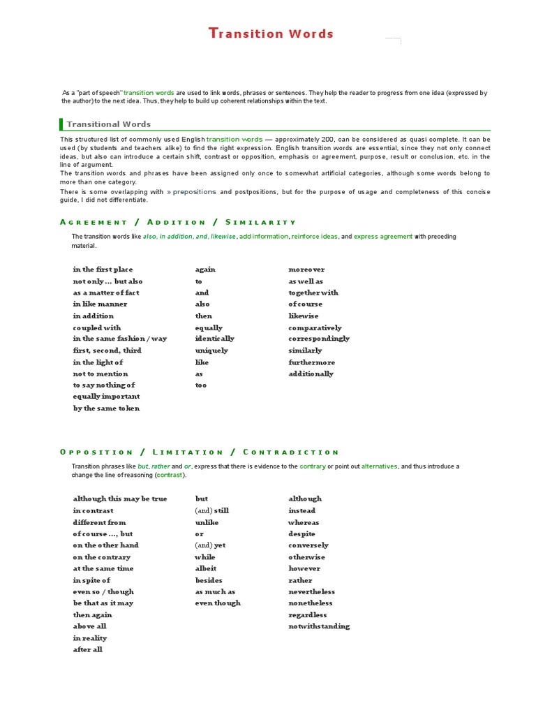 Essential Transition Words Guide | PDF | Phrase | Word