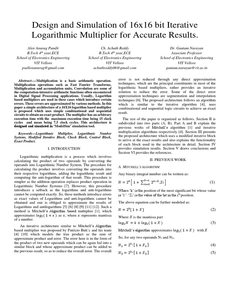 16x16 Logarithmic Multiplier Design | PDF | Logarithm | Electronic ...
