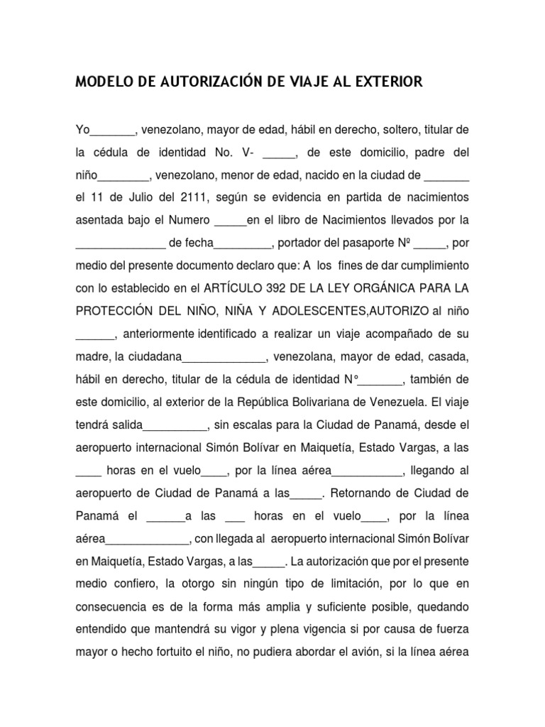 Modelo De Autorización De Viaje Al Exterior | Pdf
