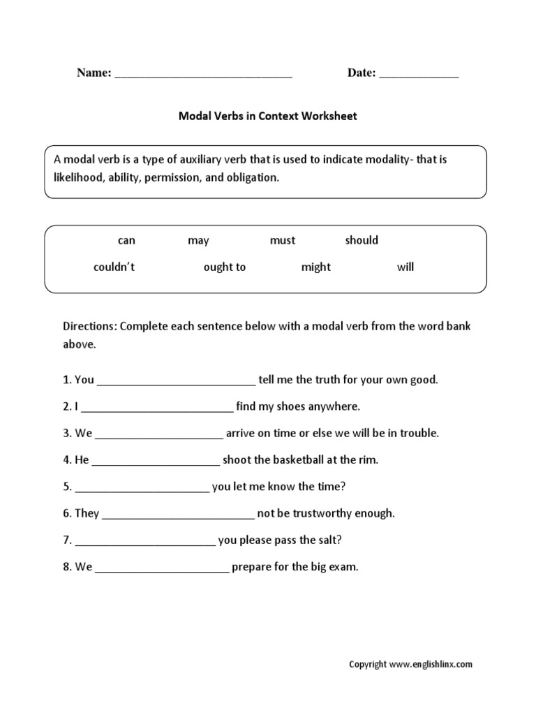 name date modal verbs in context worksheet pdf