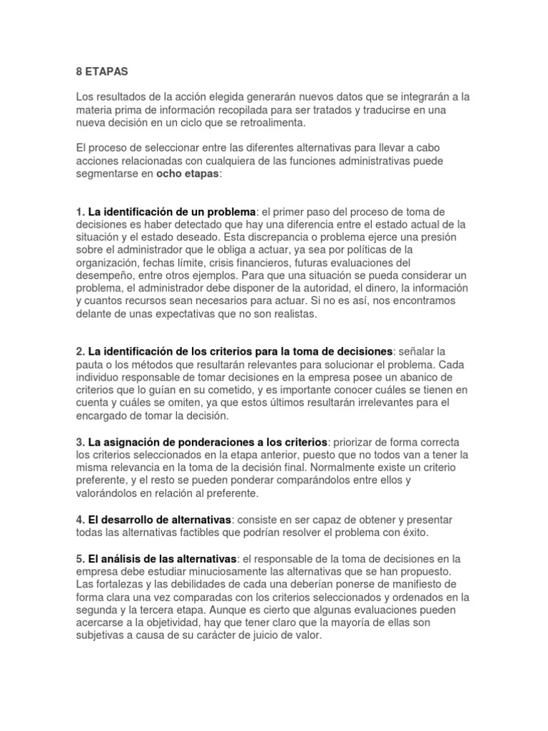 8 Etapas en la Toma de Decisiones | PDF | Toma de decisiones | Ciencia ...