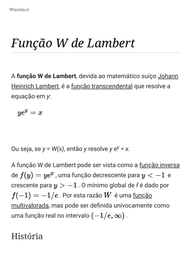 A função W de Lambert resolvendo equações transcendentais e suas — free download