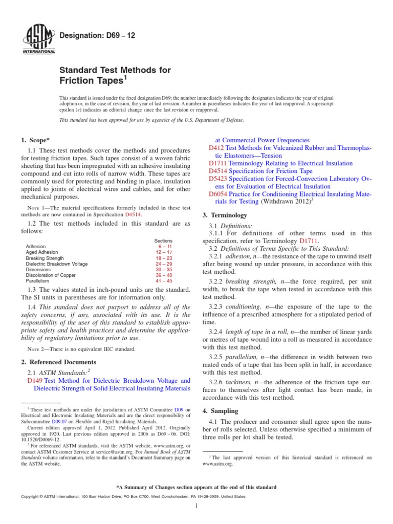 Friction Tapes Standard Test Methods For PDF Electrical Breakdown