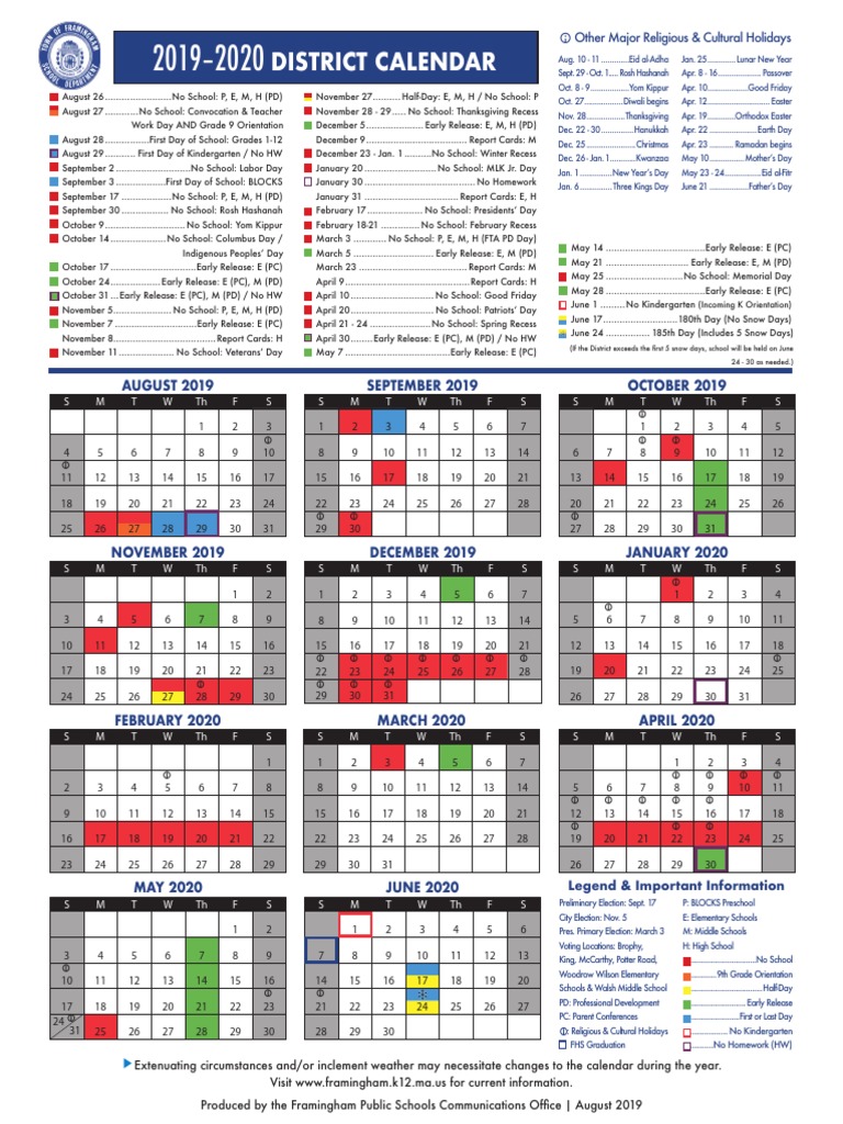 2019-2020 Framingham School Calendar | PDF | Academic Term ...