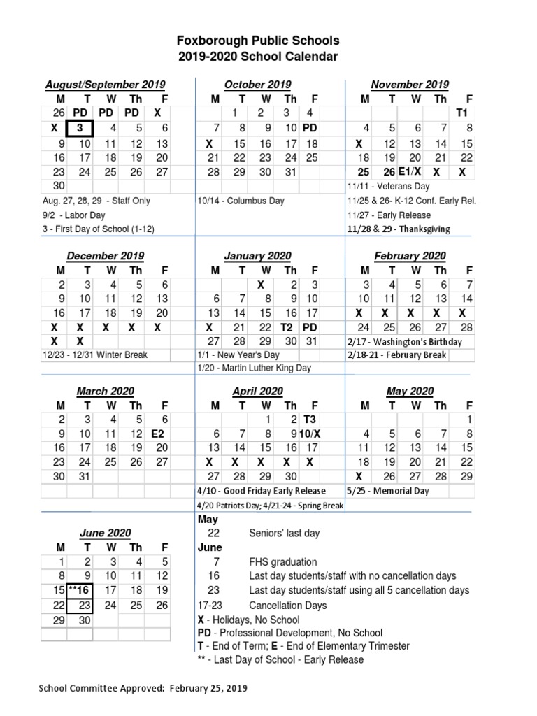 Foxborough 201920 Public School Calendar Educational Institutions