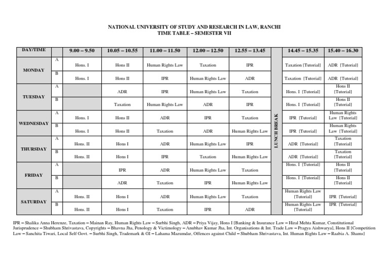 National University of Study and Research in Law, Ranchi Time Table Semester Vii PDF