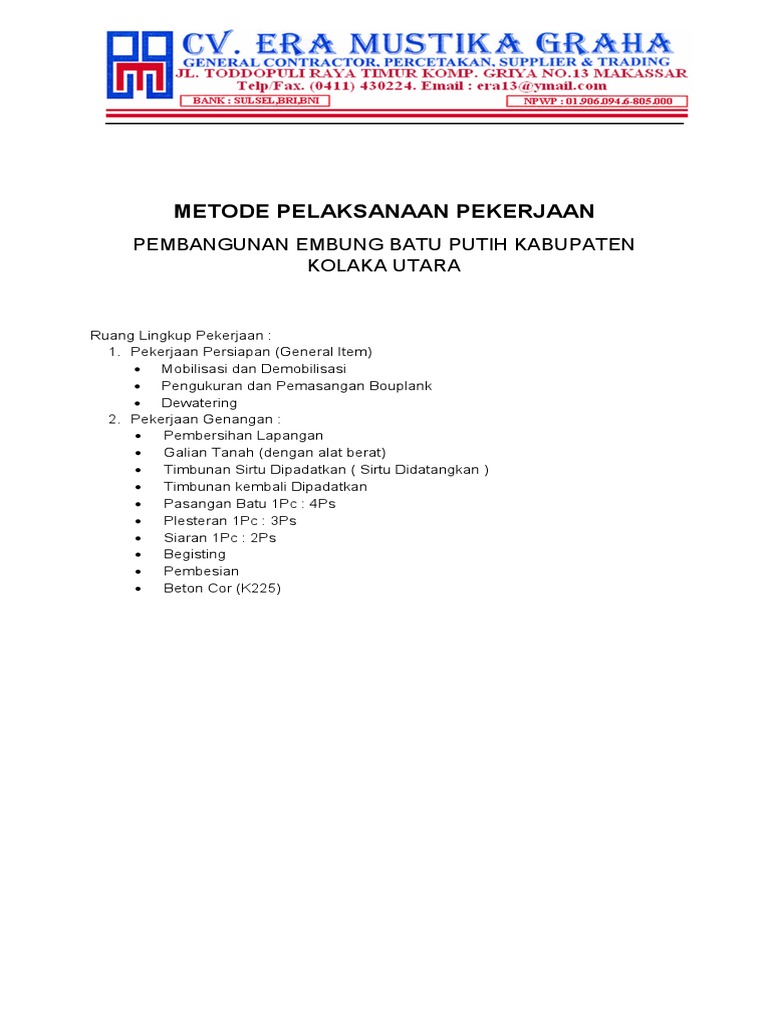 Metode Pelaksanaan Pekerjaan Embung | PDF