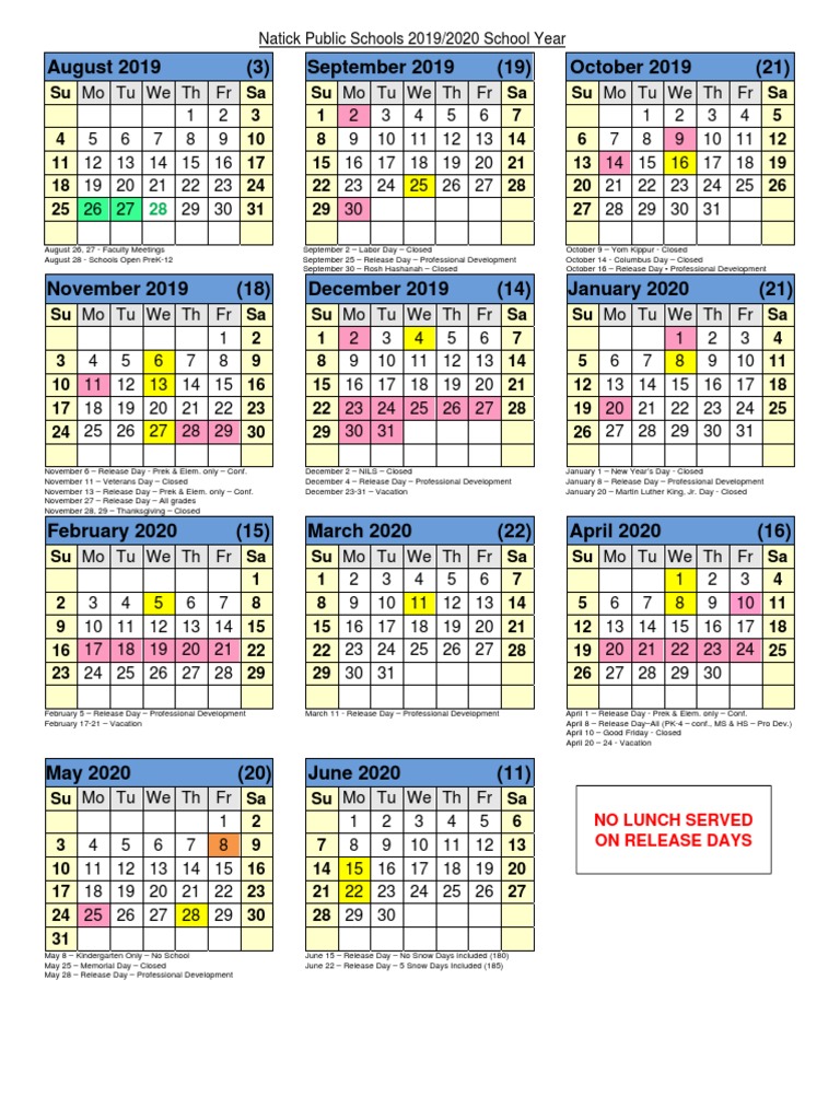 Natick Public School 2019-20 Calendar | PDF | Holidays | Immunology