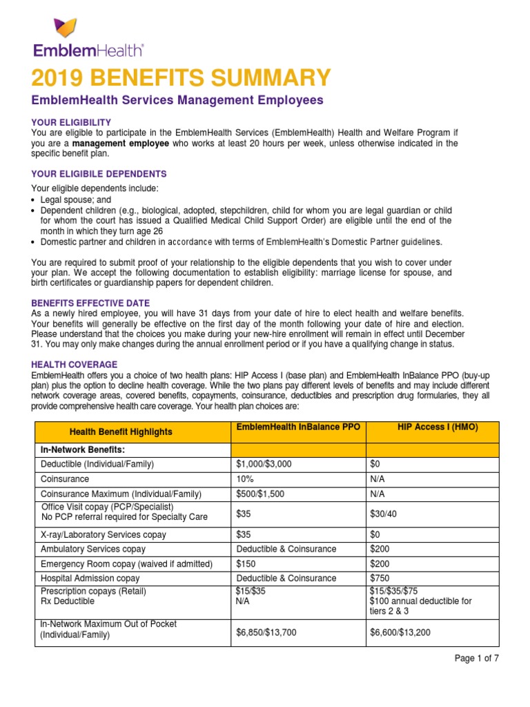 EmblemHealth Benefits 2019 PDF 401(K) Life Insurance