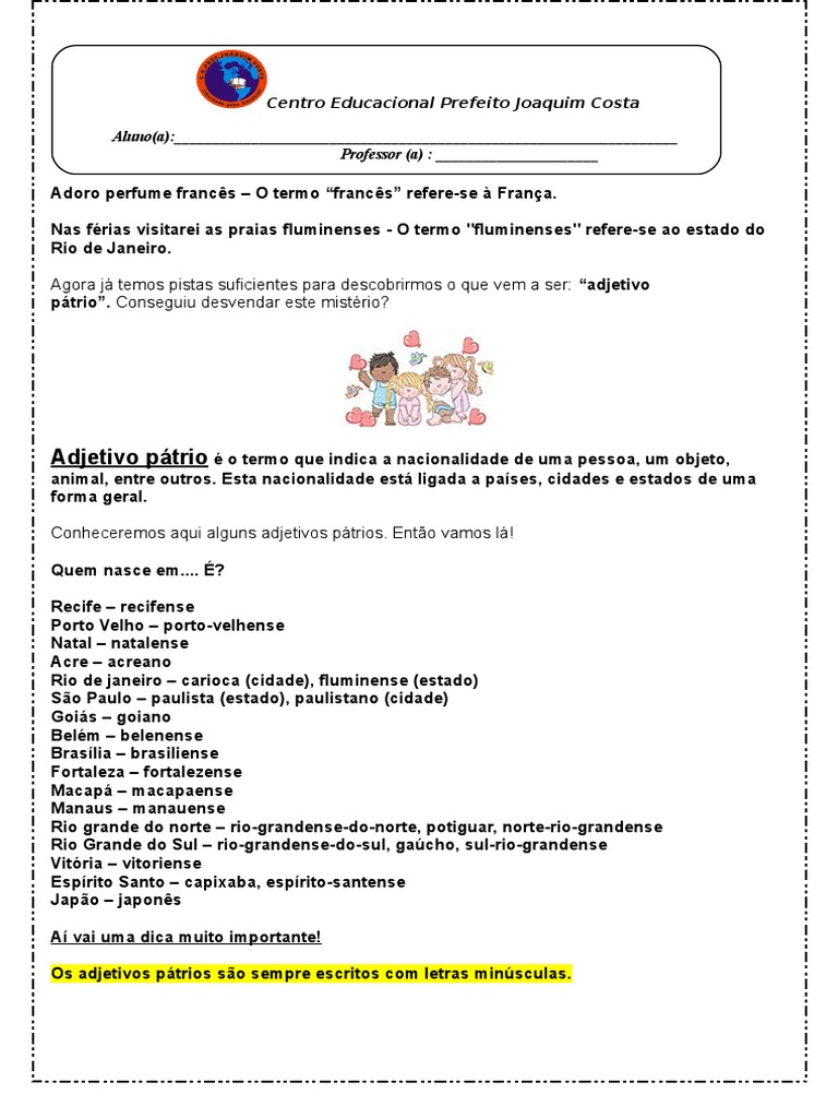 Adjetivos Pátrios para o 4º Ano | PDF | Estudos de Línguas Estrangeiras ...